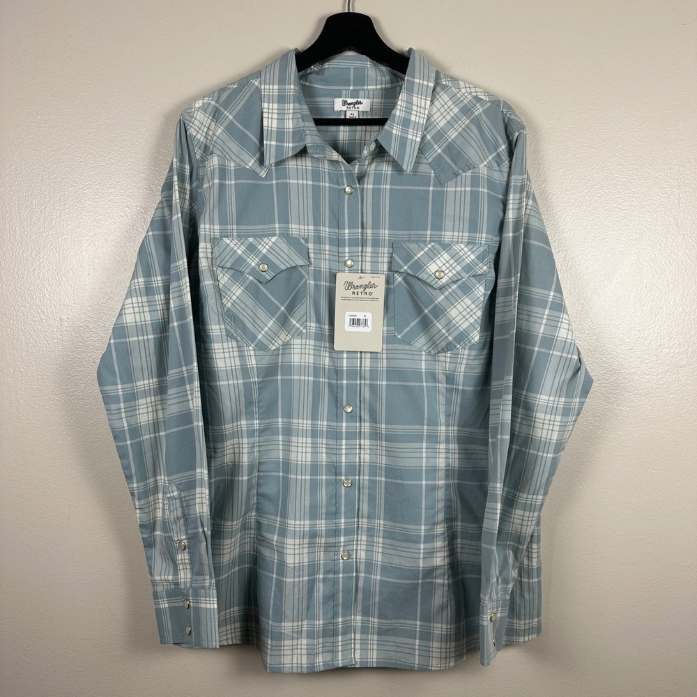Wrangler Men's XL Button Down Shirt Blue Plaid Retro Western Pearl Snap‎ NWT